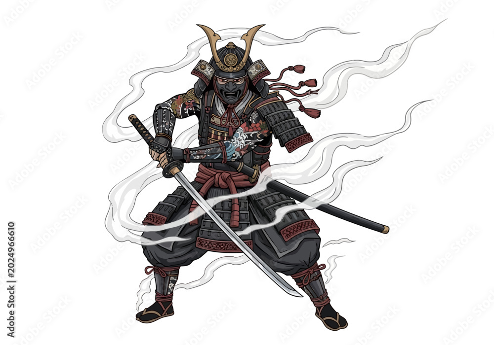 Fototapeta premium Samurai warrior in traditional black armor drawing katana sword with mystical smoke.