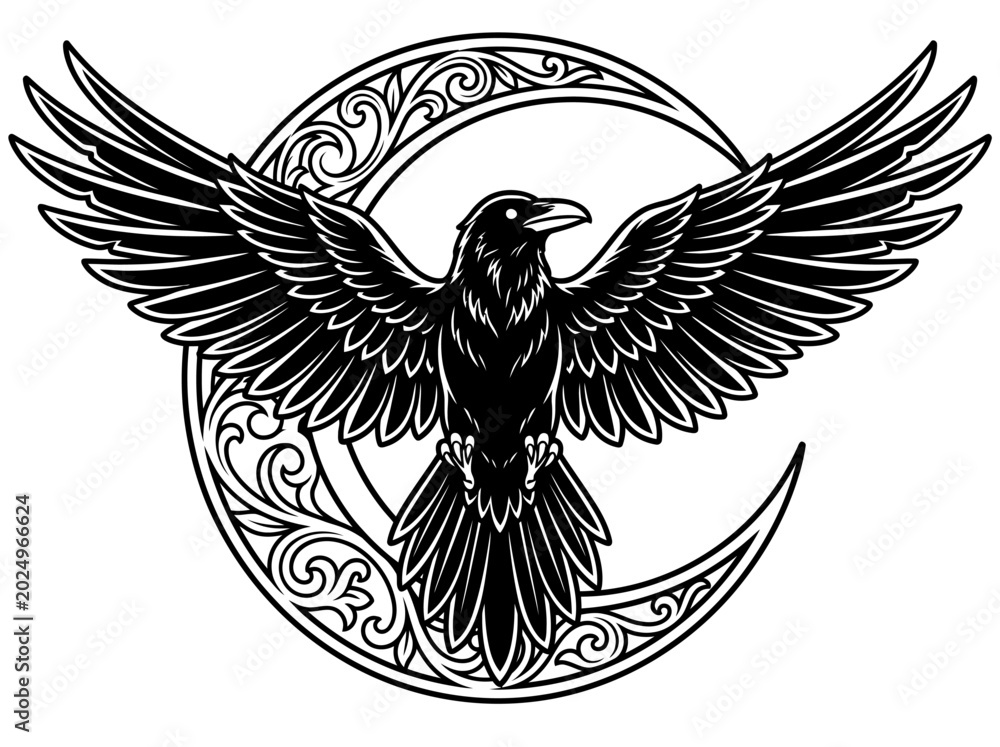 Fototapeta premium Detailed illustration of a majestic raven flying in front of a crescent moon.