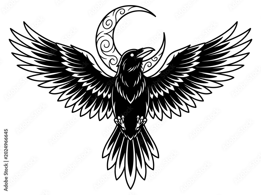 Fototapeta premium Black raven flying in front of a decorative crescent moon illustration.