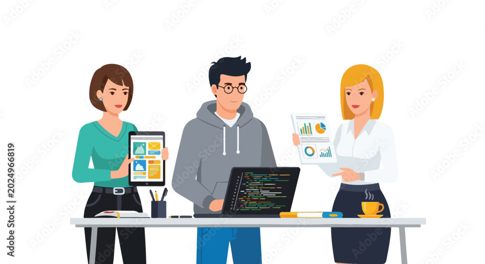 Fototapeta premium A collaborative team of diverse professionals works together at a desk, sharing ideas through coding, design, and data analysis.
