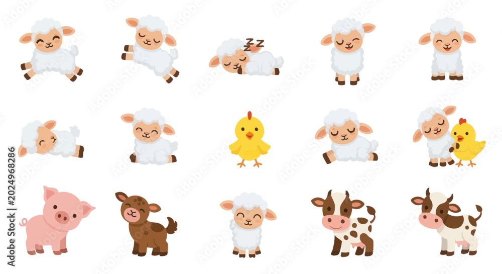 Fototapeta premium Cute Farm Animals Collection: Sheep, Chickens, Pigs, Cows