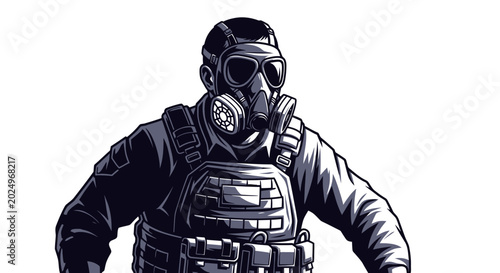 Soldier in Gas Mask and Tactical Vest, Military, Protection, Danger