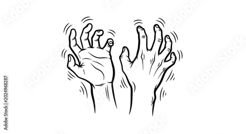 Billede på lærred Drawn Hands Reaching Up, Scratching, Trembling, Anxiety, Fear, White Background