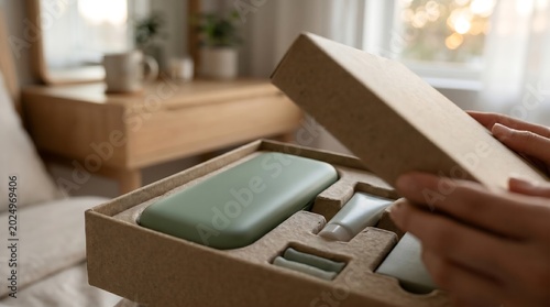 Person unboxing eco-friendly cosmetic gift set