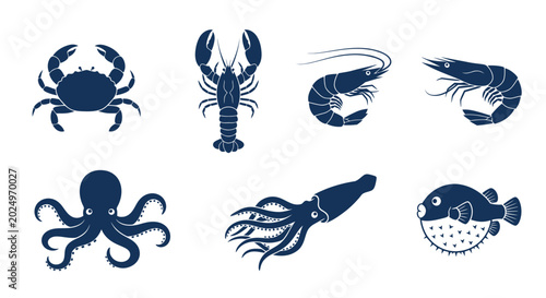 Cuadro en lienzo Seafood Icons: Crab, Lobster, Shrimp, Octopus, Squid, Pufferfish Collection