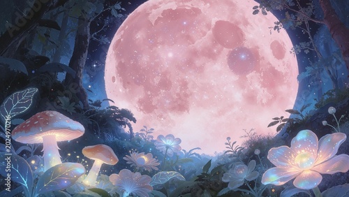 Pink moon glows brightly in a magical forest scene, illuminating bioluminescent mushrooms, ethereal flowers, and sparkling foliage, creating a mystical and enchanting atmosphere at nighttime