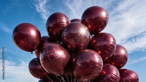 Glossy burgundy balloons are floating upwards against a clear blue sky with soft white clouds, reflecting the bright sunshine and creating a festive atmosphere for any celebration