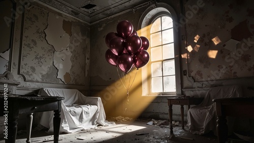 Red balloons float in an eerie, abandoned room with peeling wallpaper and dust, illuminated by a ray of sunlight streaming through a dirty arched window, creating a mood of mystery and decay