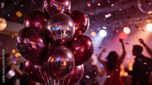 Burgundy foil balloons reflecting a vibrant party scene with blurred silhouettes of people dancing and colorful confetti falling around them in a festive atmosphere
