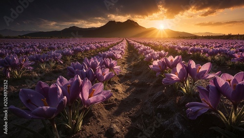 Saffron crocus flowers are blooming in rows across an agricultural field, illuminated by the warm, dramatic light of the setting sun casting rays over distant mountains