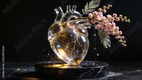 Glass anatomical heart featuring golden kintsugi cracks, symbolizing healing, resilience, and transformation, with delicate pink mimosa flowers and sparkling particles emerging from within