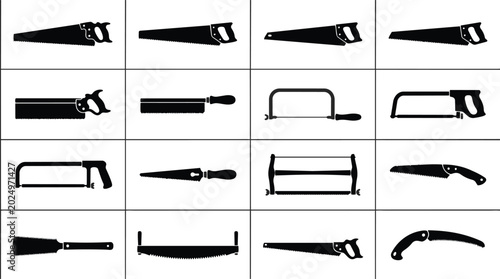 Set of sixteen black silhouettes of various hand saws for woodworking and construction.