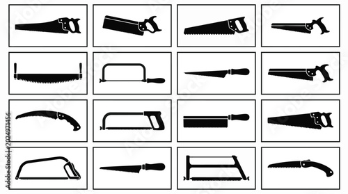 Collection of sixteen different hand saw silhouette icons for carpentry and woodworking.