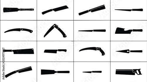 Set of sixteen black silhouettes of various manual hand saws and woodworking tools.