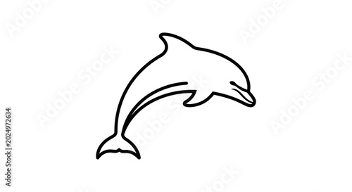 Graceful jumping dolphin line art illustration. Minimalist black outline marine animal icon, simple ocean creature symbol.
