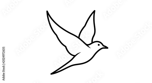 Simple minimalist line art bird in flight. Black outline drawing of a flying bird, vector icon for freedom, peace, and nature.