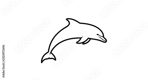 Minimalist black outline drawing of a jumping dolphin, simple marine animal illustration, ocean creature line art graphic.