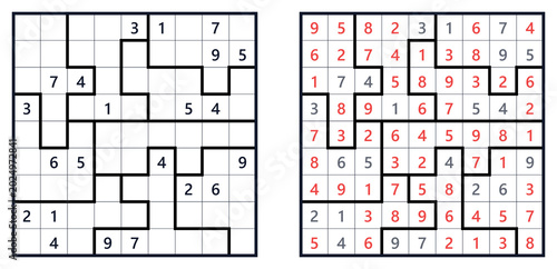 Sudoku Jigsaw puzzle with completed and blank grids for challenge  