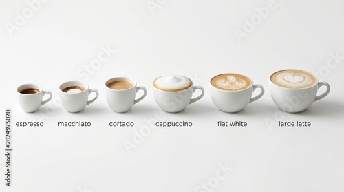 Six Types of Coffee Drinks in White Ceramic Cups — Espresso to Latte Size Comparison on White Background