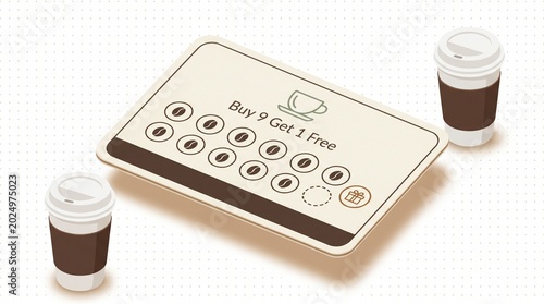 Coffee Loyalty Stamp Card Buy 9 Get 1 Free — Isometric Illustration with Takeaway Cups on White Background