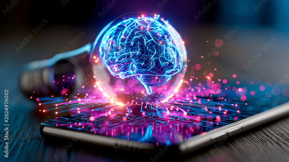 Fototapeta premium Artificial Intelligence Brain Concept: A glowing, intricate illustration of a human brain inside a lightbulb, symbolizing innovation and artificial intelligence.