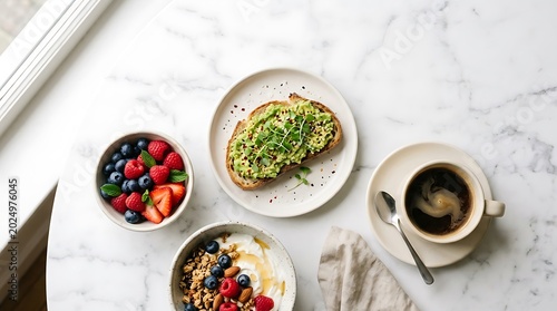 Breakfast with avocado toast, fruit bowl and coffee