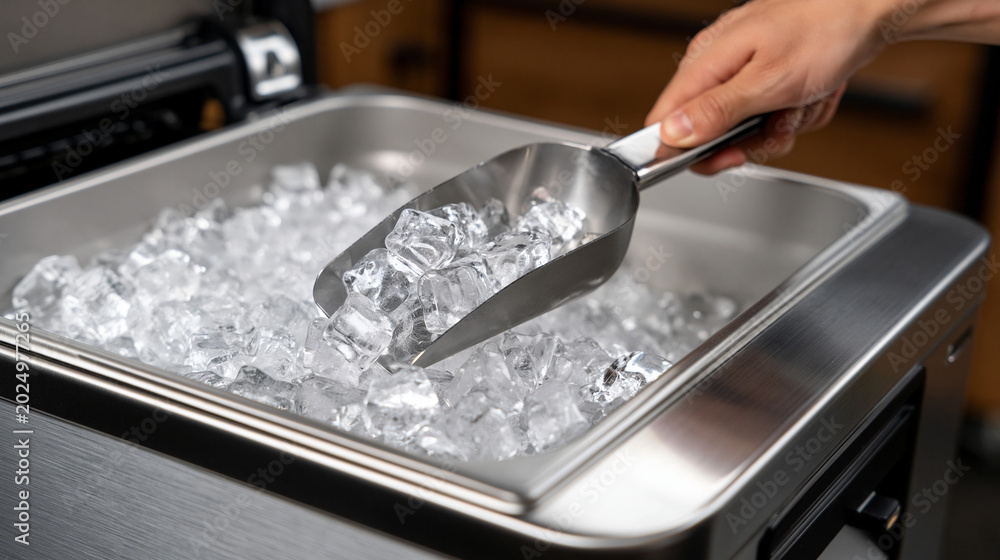Fototapeta premium Scooping Fresh Ice: A hand holding a metal scoop fills it with sparkling clear ice cubes from a commercial ice maker, ready for refreshing drinks.