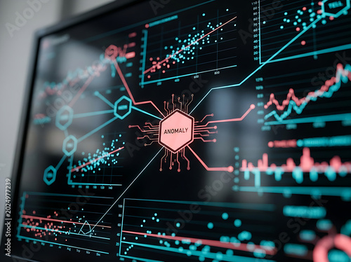 Data analysis and anomaly detection on a computer monitor displaying complex charts and graphs