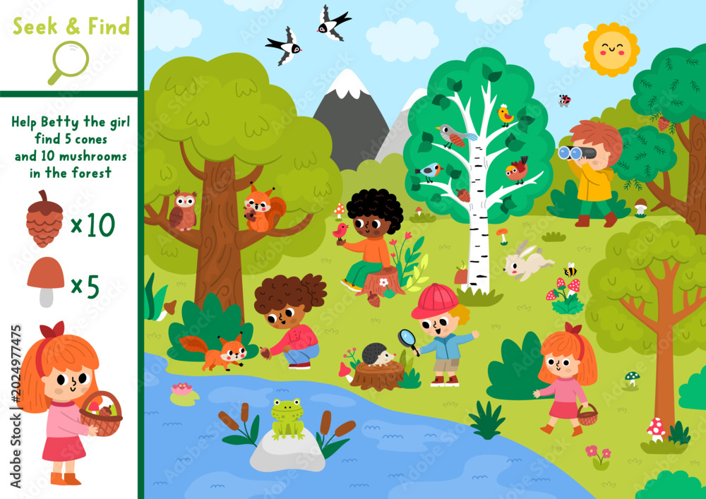 Fototapeta premium Vector searching game with forest landscape. Spot hidden cones, mushrooms. Woodland seek and find printable activity for kids. Wild nature worksheet with curious children explorers, animals, trees