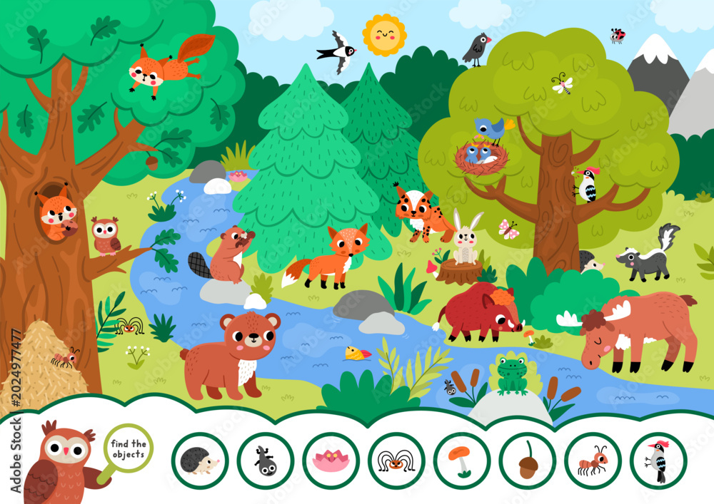 Fototapeta premium Vector searching game with forest landscape. Spot hidden objects. Woodland seek and find printable activity for kids. Wild nature worksheet with animals, trees, bear, fox, stream, owl, squirrel