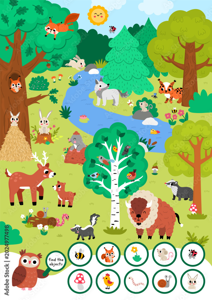 Fototapeta premium Vector searching game with forest landscape. Spot hidden objects. Woodland seek and find printable activity for kids. Wild nature worksheet with animals, trees, deer, lynx, bison, skunk