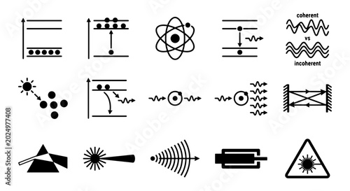Fotografie Quantum physics and laser technology icons, 15 black vector symbols of atomic en