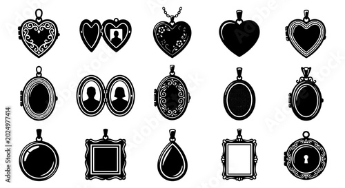 Photography Vintage locket pendant icons set, 15 black silhouette jewelry vectors, antique h