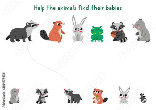 Slika na platnu Forest matching activity with cute animals and their babies