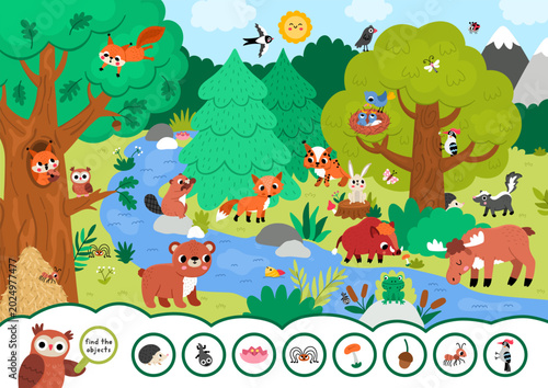 Vector searching game with forest landscape. Spot hidden objects. Woodland seek and find printable activity for kids. Wild nature worksheet with animals, trees, bear, fox, stream, owl, squirrel