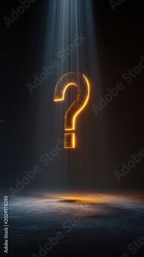 Glowing golden question mark illuminated by spotlight above dark textured floor creating mysterious and dramatic atmosphere in empty space background