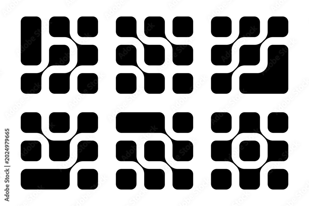Fototapeta premium Set of metaball patterns. Connected black fluid drops isolated on white background. Linked round organic shapes. Neurons, nano molecules or cells modern abstract print. Vector graphic illustration.