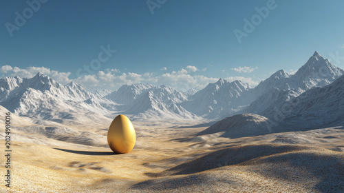 A surreal golden egg standing alone on a vast sandy desert with striking snow-covered mountain ranges under a clear blue sky in the background