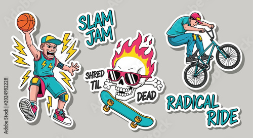 dynamic action sports stickers showcase basketball bmx and skateboarding ideal for radical youth culture designs and active lifestyles.