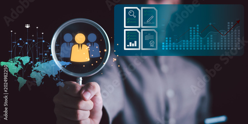 HR recruiter analyzes candidate screening data, workforce analytics, recruitment strategy, talent acquisition, employee evaluation, hiring metrics, global networking, and performance reporting.