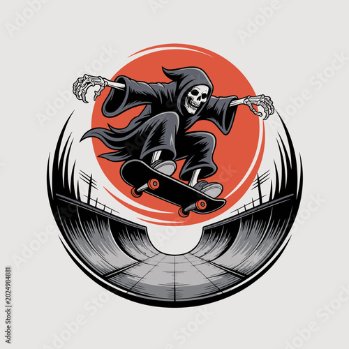 Canvastavla Grim Reaper on skateboard performing trick.