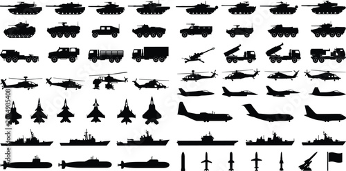 Photography Military vehicles and machinery mega set black silhouettes vector illustration o