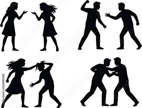 Canvastavla People fighting and arguing black silhouettes set vector illustration of men and