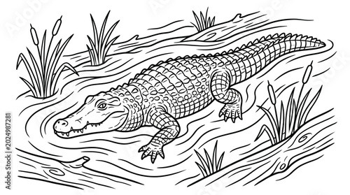Canvastavla Alligator in murky water with reeds and logs, line art illustration