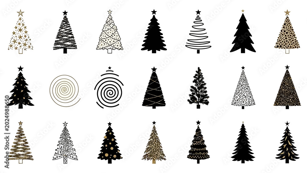 Obraz premium a diverse set of modern christmas tree vector silhouettes and holiday icons ideal for seasonal greetings and winter themes