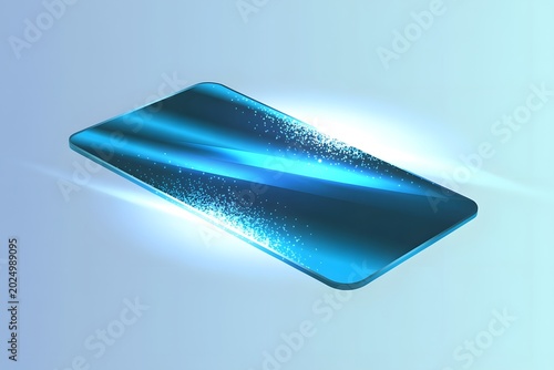 Neon metallic effect. Blue texture shine foil. Light blue color background.