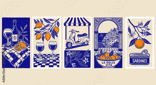 italian lifestyle illustrations depicting mediterranean food drinks and scenic travel vignettes perfect for european summer vacation themes.