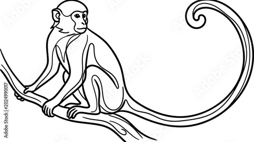 Canvas Print Stylized Monkey Sitting on Branch - Line Art Illustration