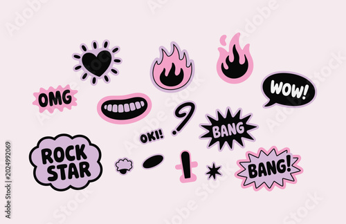 Photos Cute comic speech bubble sticker collection with trendy doodle icons, colorful p