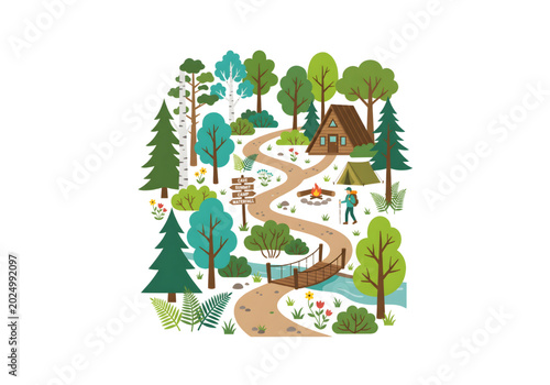 Fotografi Green forest camping scene with hiking path png on transparent background